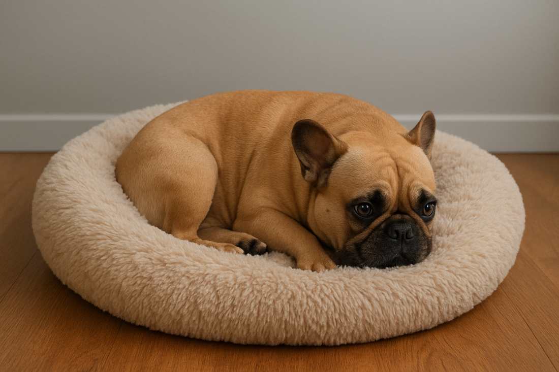 An anxious dog resting in the calming bed