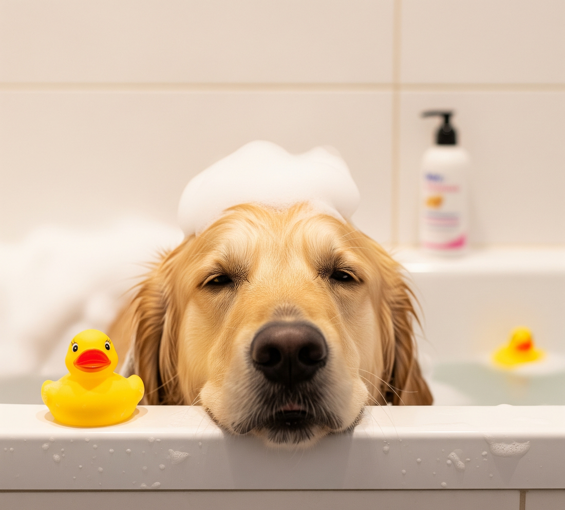 Dog in the bath tub having shampoo