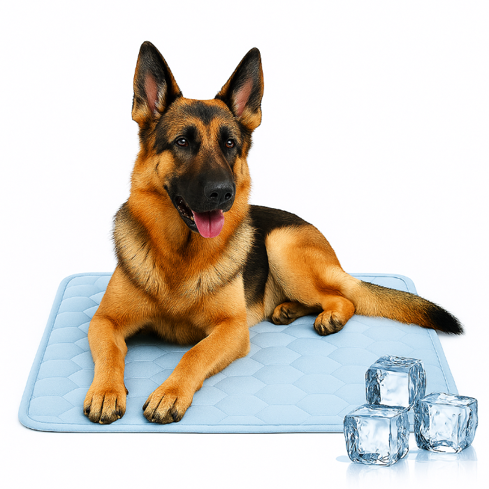 German Shephered Dog resting on a gentle cooling mat