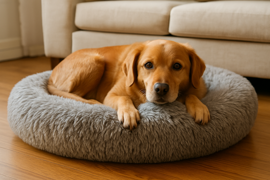 A golden-brown dog resting peacefully on a plush, round calming dog bed in a cozy living room setting.