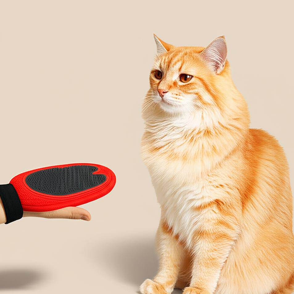 Pet grooming glove gently brushing a cat's fur while removing loose hair