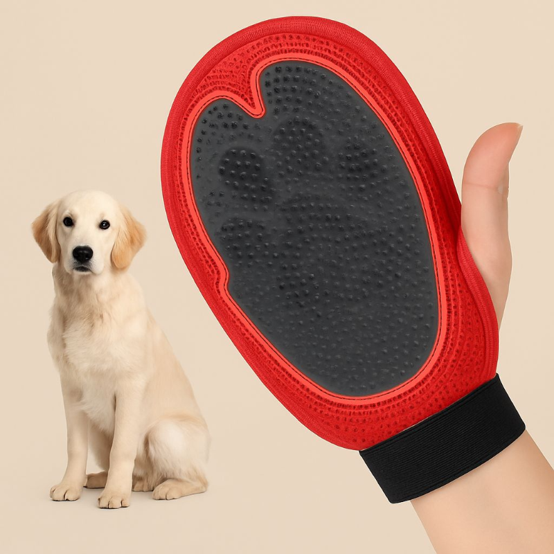 Pet bathing glove for removing loose hair from a dog.