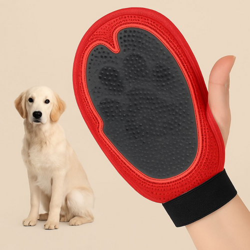 Pet bathing glove for removing loose hair from a dog.